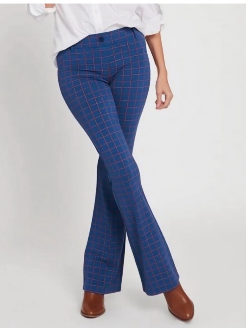 Betabrand blue/red windowpane print flared pants NWOT